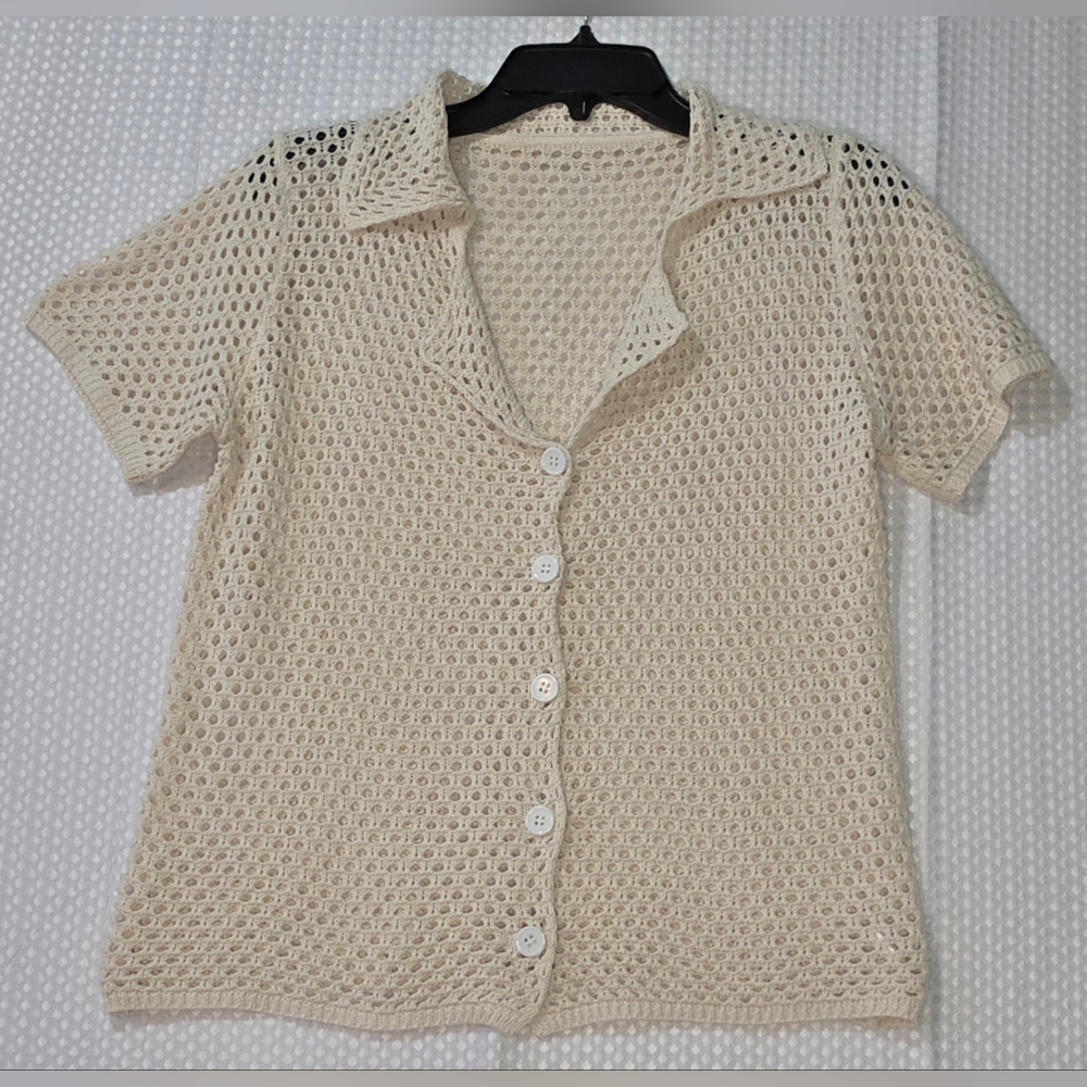 Vintage Inspired Crochet Top Cottagecore Boho Button Up Coastal Layering Shirt - Picture 6 of 8